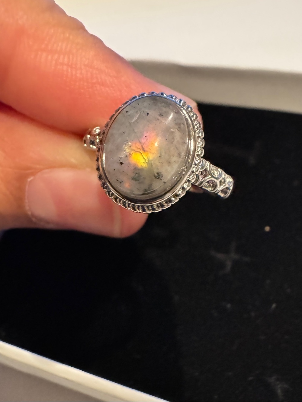 Labradorite Oval Silver plated Ring with Rainbow Flash - Gray